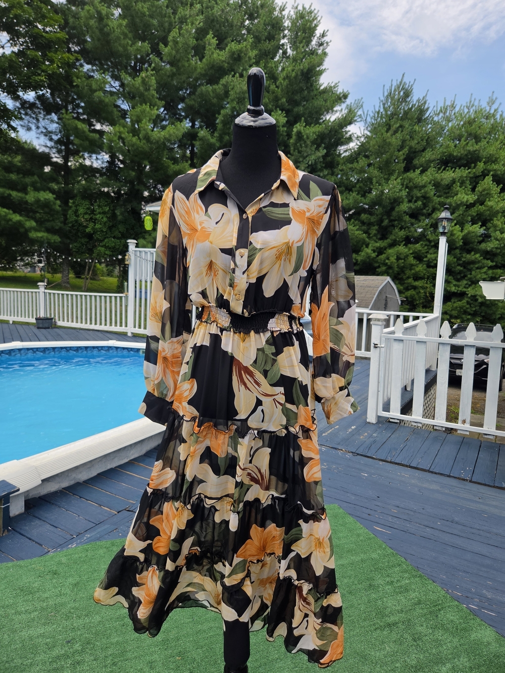 Floral Black & Cream Tiered Long Sleeve Maxi Dress